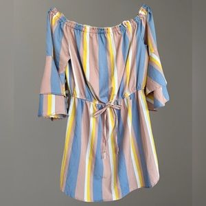 Hint Of Blush 3/4 Bell Sleeve Pullover Shirt Dress Blue/Pink/Yellow Pastel Large